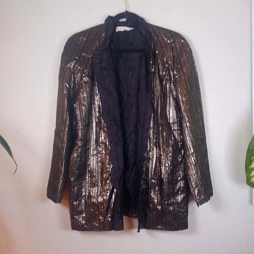 Cinzia Ruggieri Vintage Quilted Pinstriped Black Gold Silk Ruffled Trim Blazer L - Picture 1 of 8